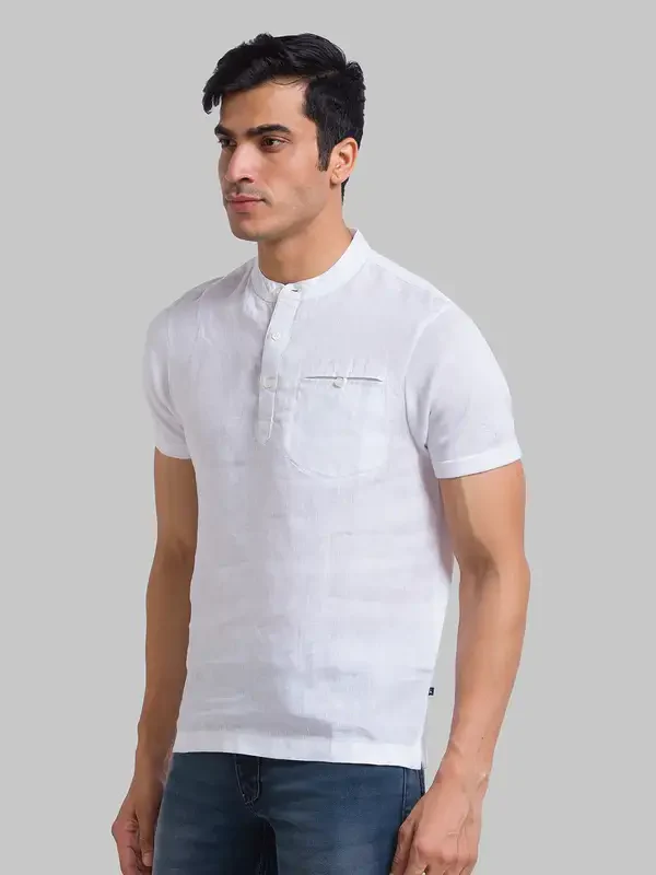 Men White Regular Fit Solid Linen T-Shirt - Image 3