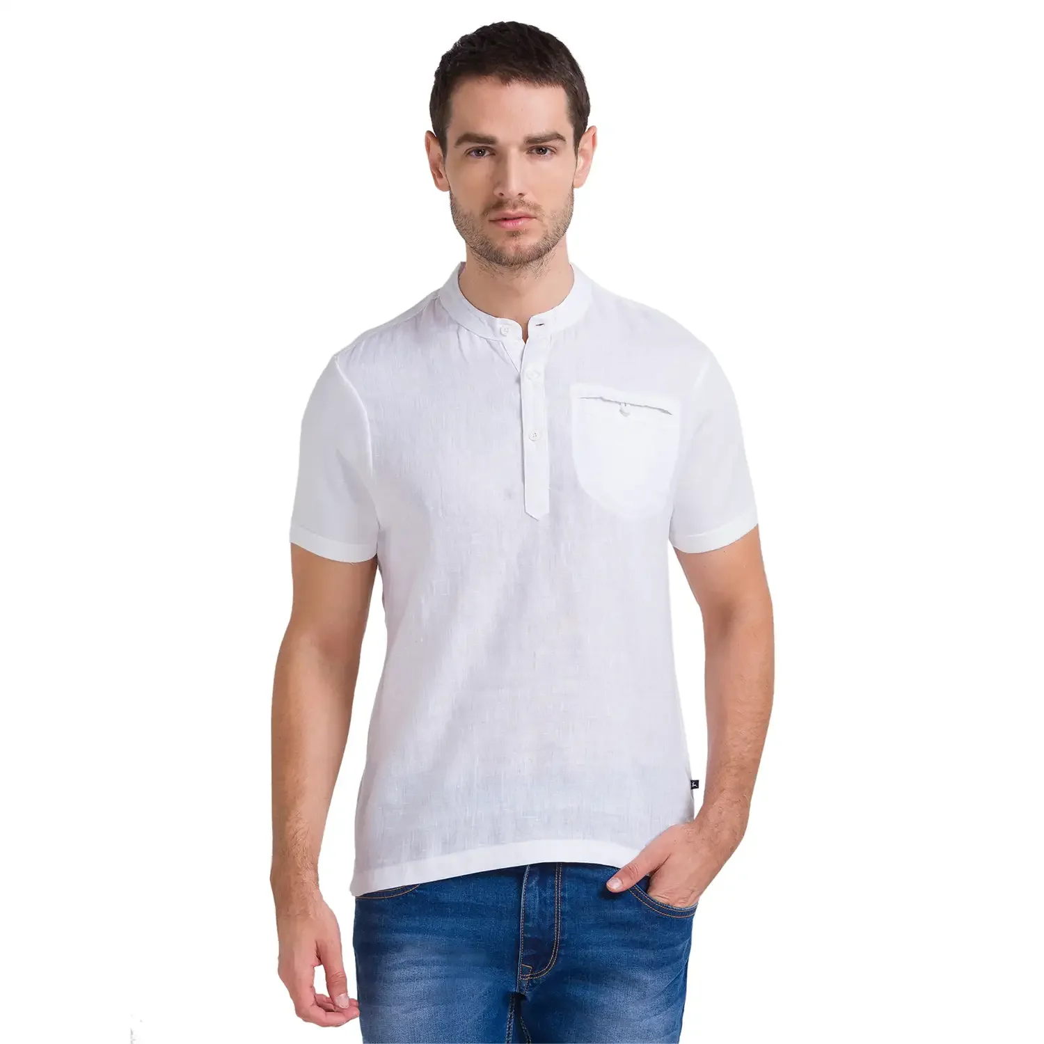 Men White Regular Fit Solid Linen T-Shirt