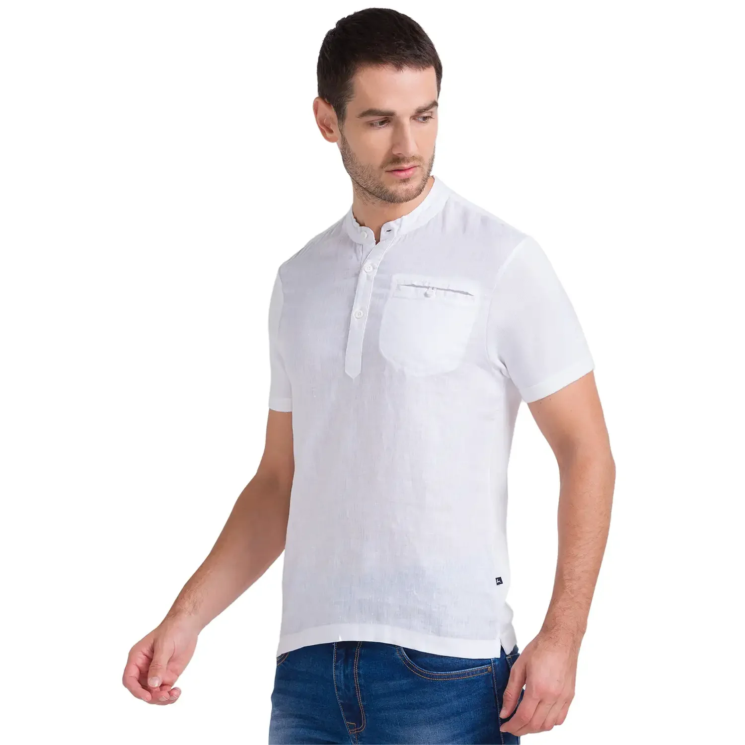 Men White Regular Fit Solid Linen T-Shirt - Image 3