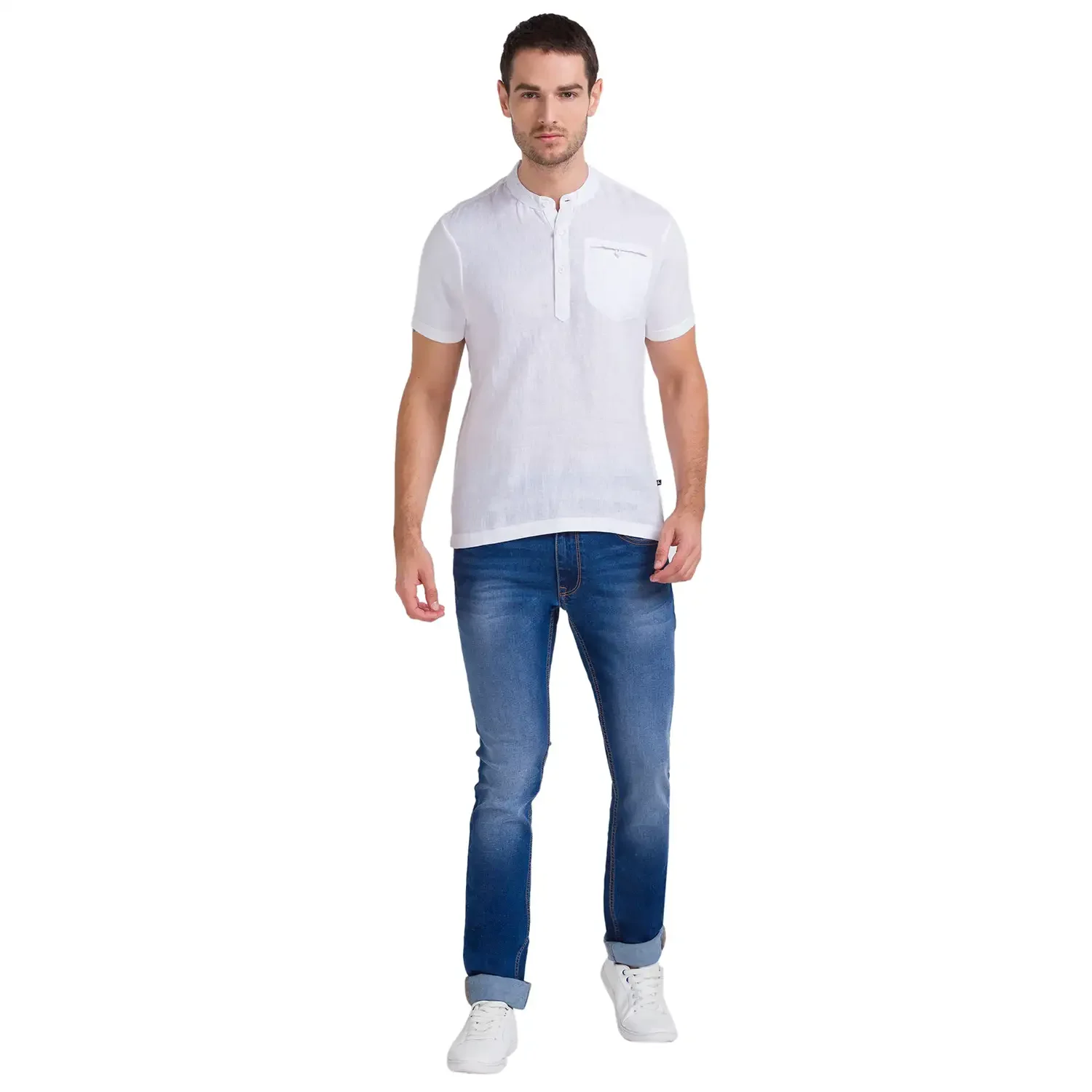 Men White Regular Fit Solid Linen T-Shirt - Image 5