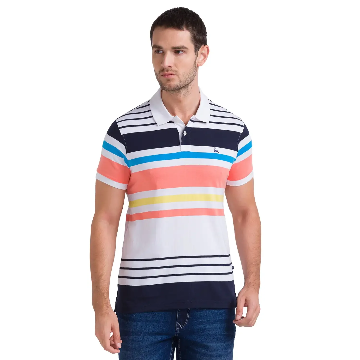 Men White Regular Fit Yarn Dyed Cotton Round Neck Collar Polo T-Shirt