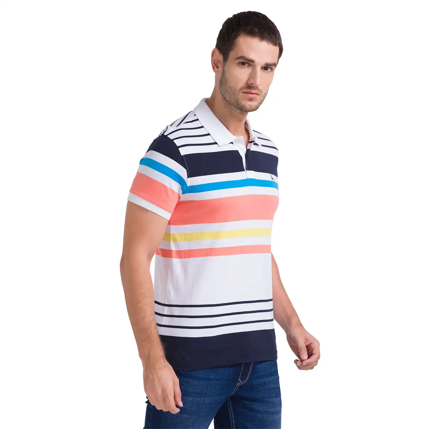Men White Regular Fit Yarn Dyed Cotton Round Neck Collar Polo T-Shirt - Image 2