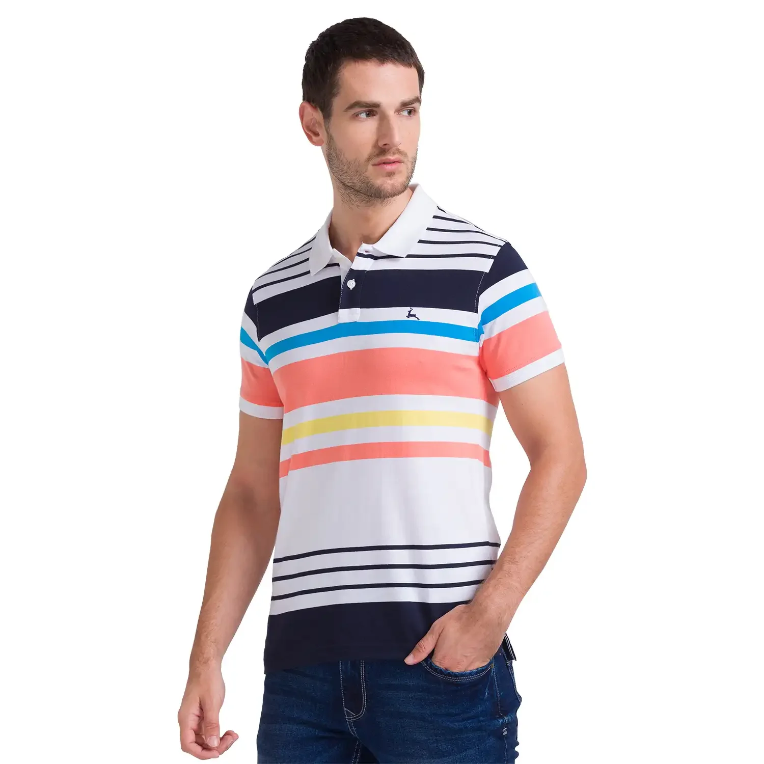 Men White Regular Fit Yarn Dyed Cotton Round Neck Collar Polo T-Shirt - Image 3