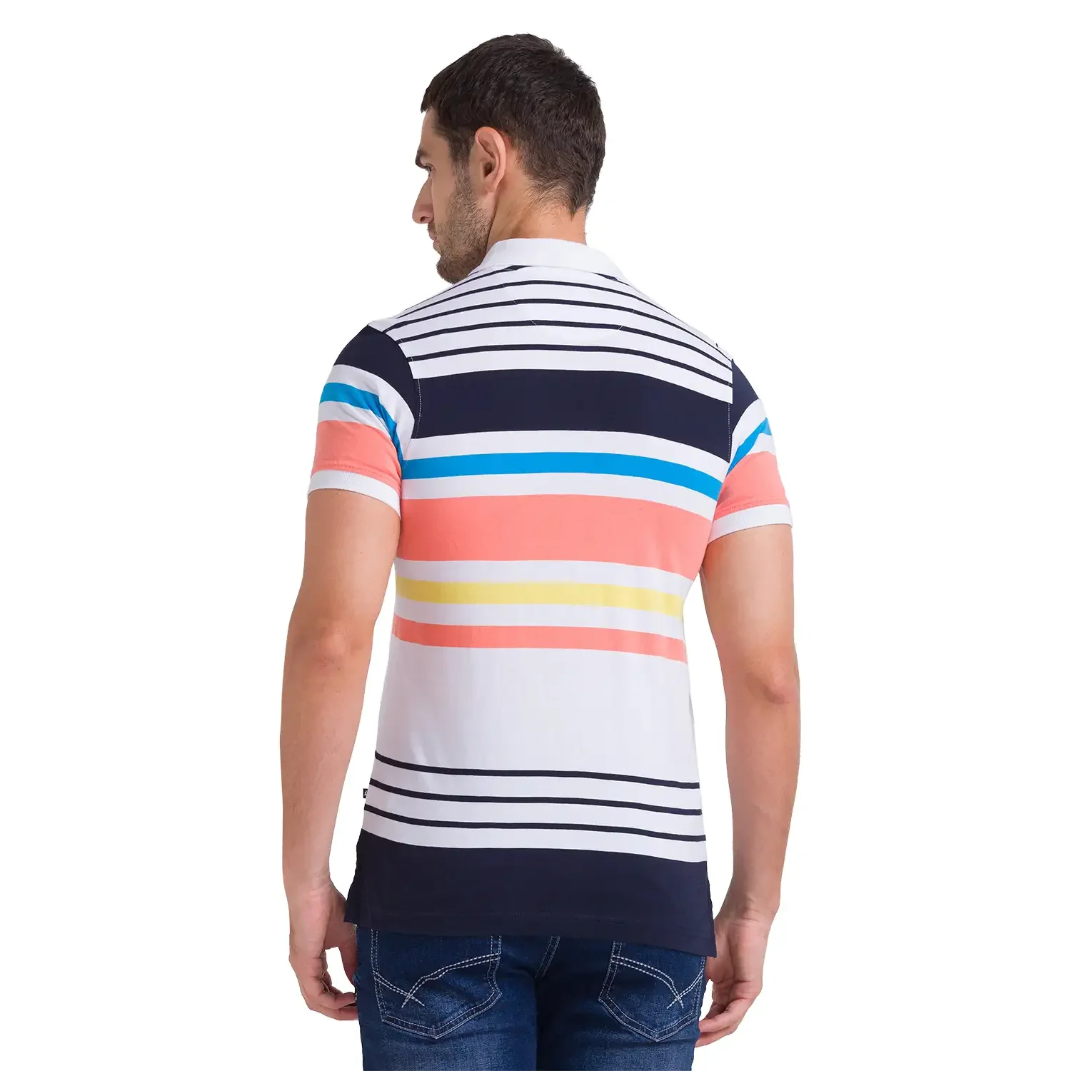 Men White Regular Fit Yarn Dyed Cotton Round Neck Collar Polo T-Shirt - Image 4