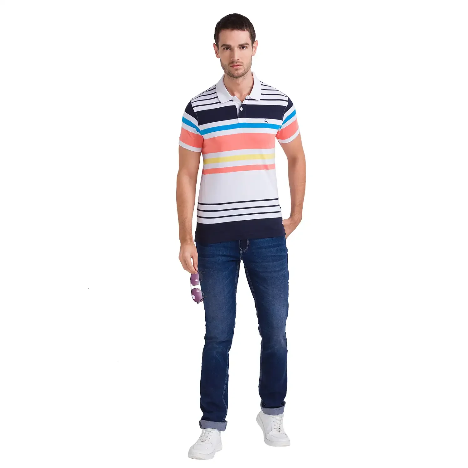 Men White Regular Fit Yarn Dyed Cotton Round Neck Collar Polo T-Shirt - Image 5