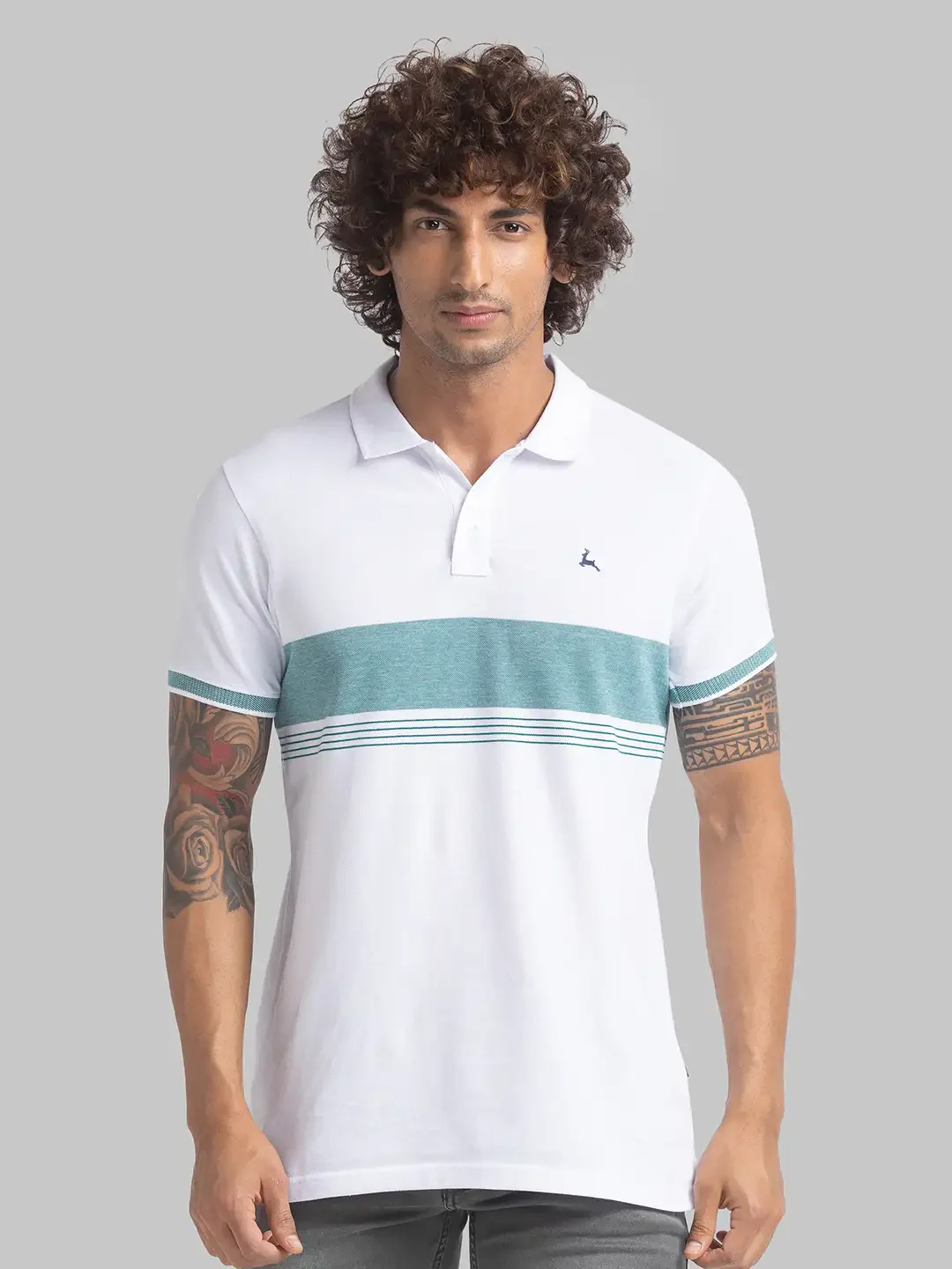Men White Regular Fit Yarn Dyed Cotton Round Neck Collar Polo T-Shirt