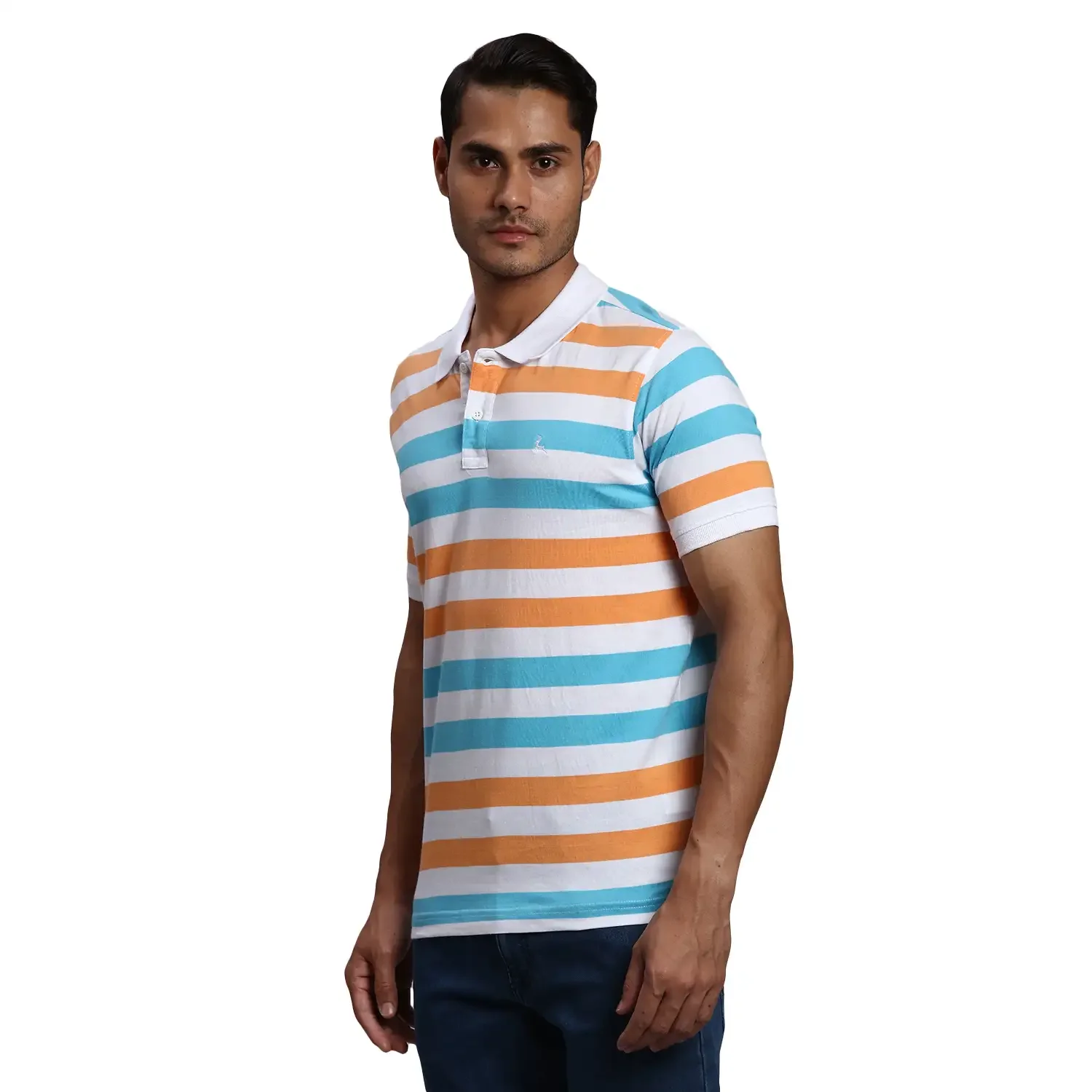 Men White Regular Fit Yarn Dyed Cotton Round Neck Collar Polo T-Shirt - Image 3