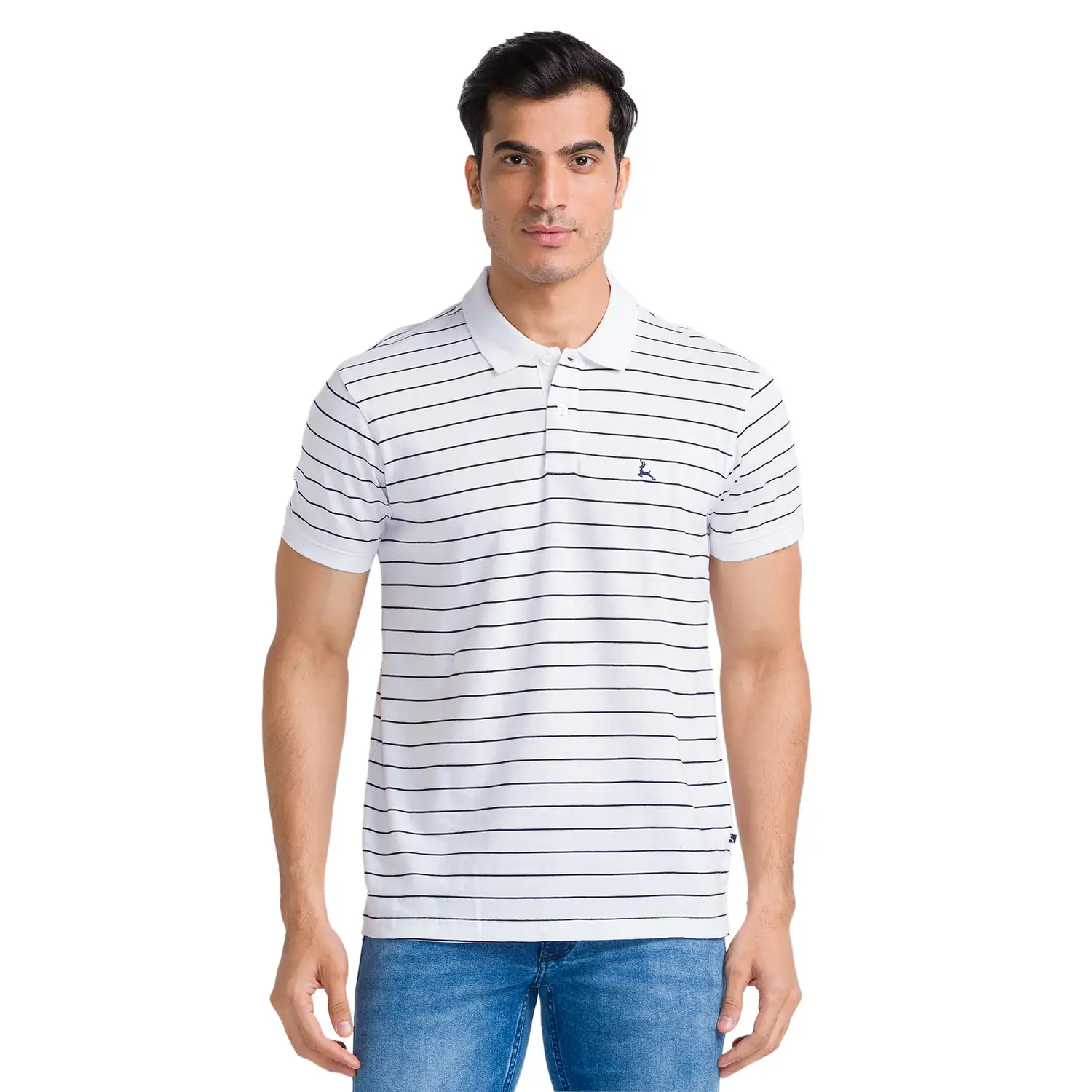 Men White Regular Fit Yarn Dyed Cotton Round Neck Collar Polo T-Shirt