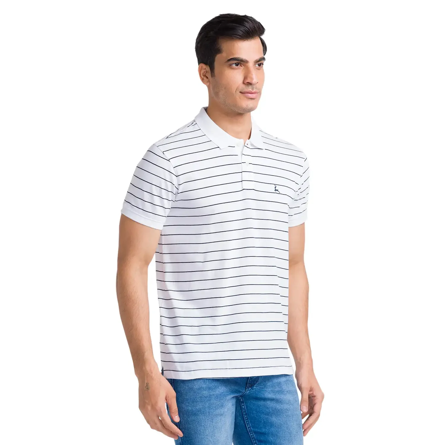 Men White Regular Fit Yarn Dyed Cotton Round Neck Collar Polo T-Shirt - Image 2