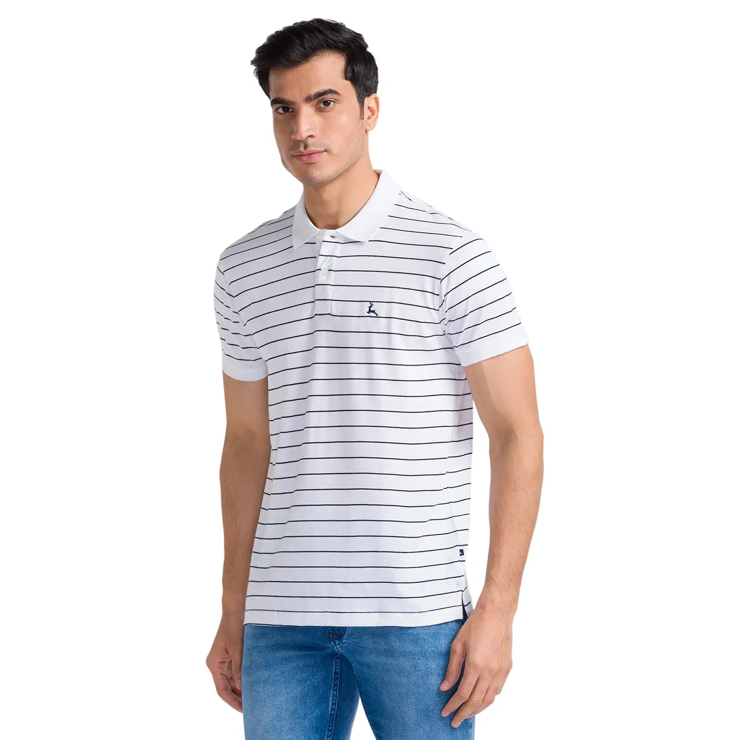 Men White Regular Fit Yarn Dyed Cotton Round Neck Collar Polo T-Shirt - Image 3