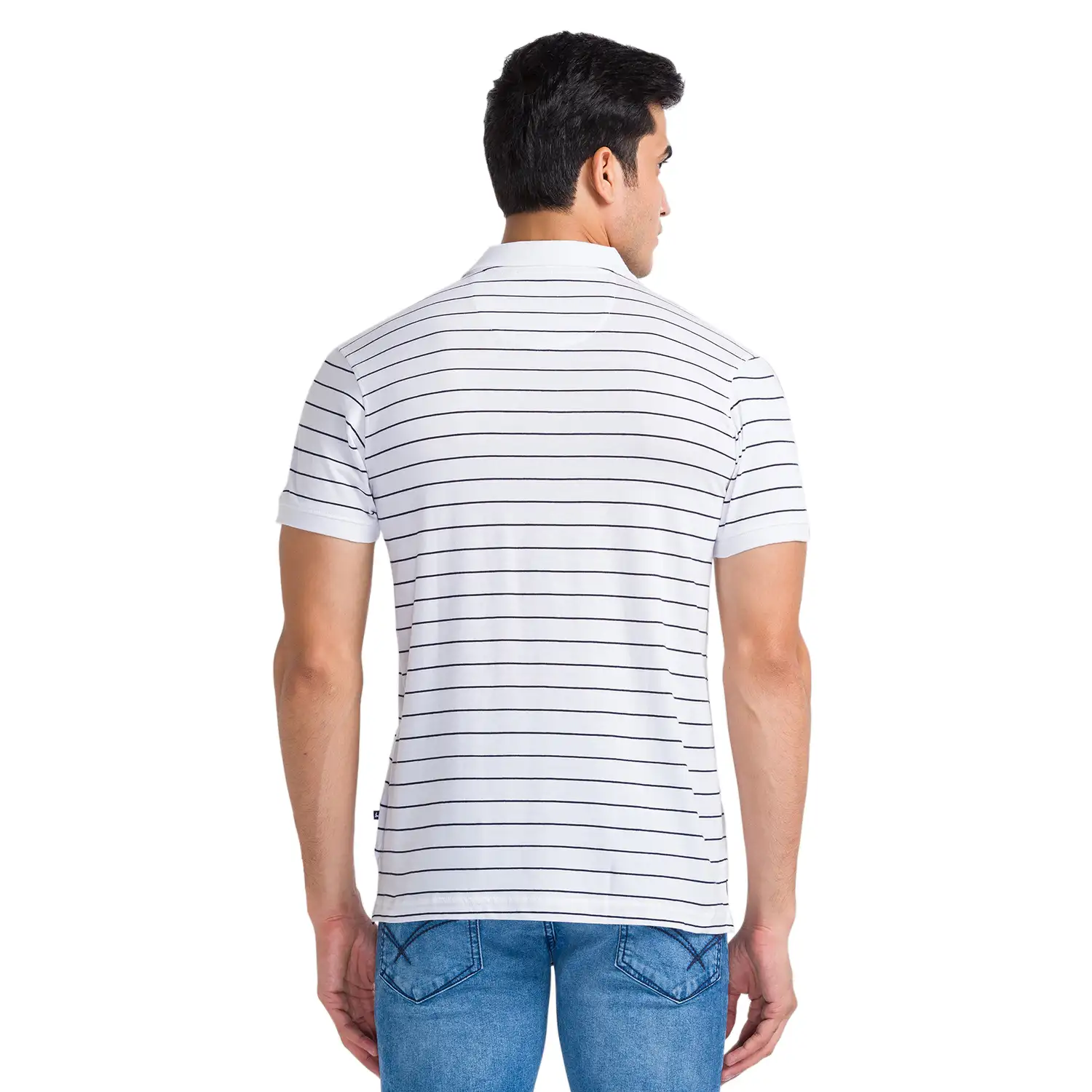 Men White Regular Fit Yarn Dyed Cotton Round Neck Collar Polo T-Shirt - Image 4