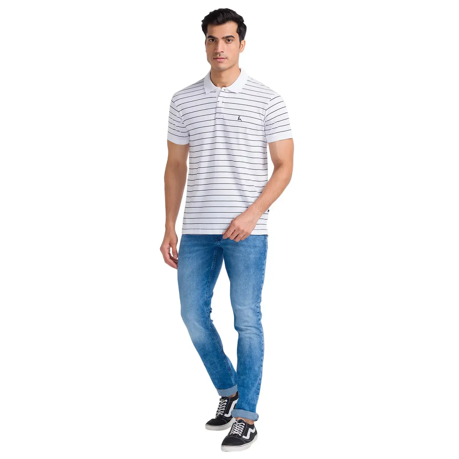 Men White Regular Fit Yarn Dyed Cotton Round Neck Collar Polo T-Shirt - Image 5