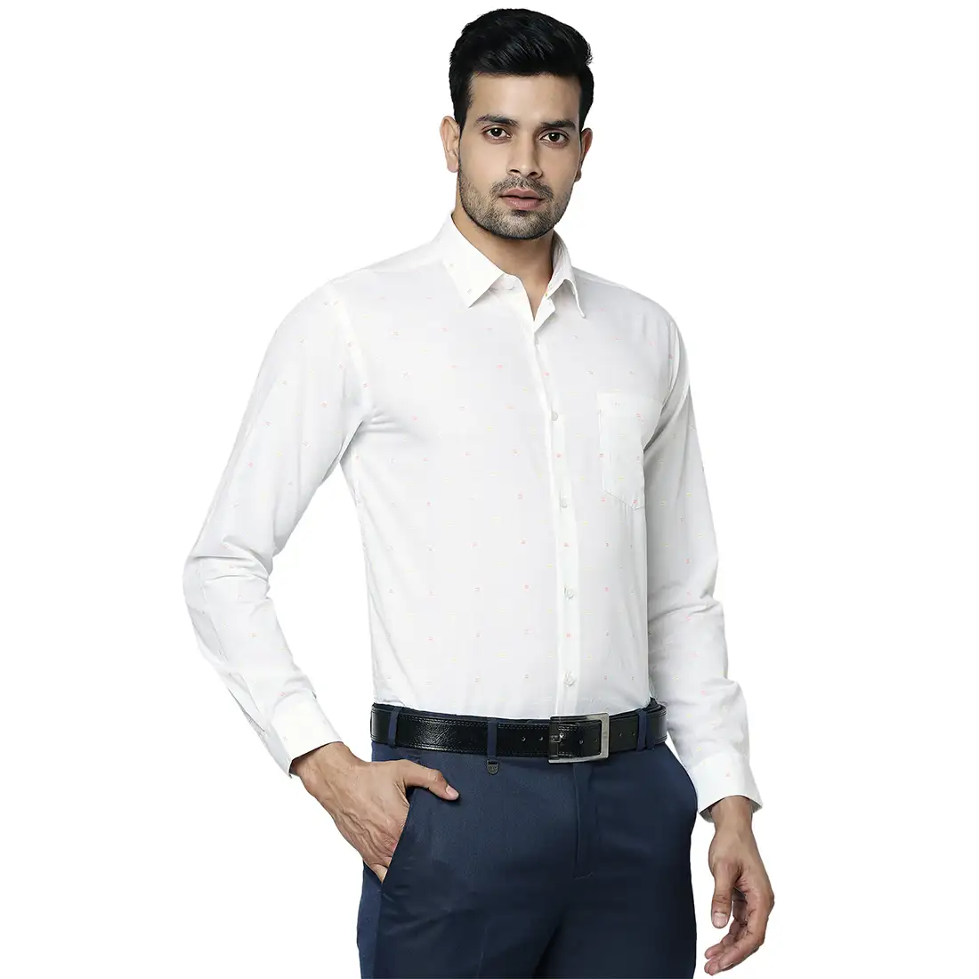 Men White Slim Fit Butta Fabric Cotton Ainsley Collr Shirts - Image 2