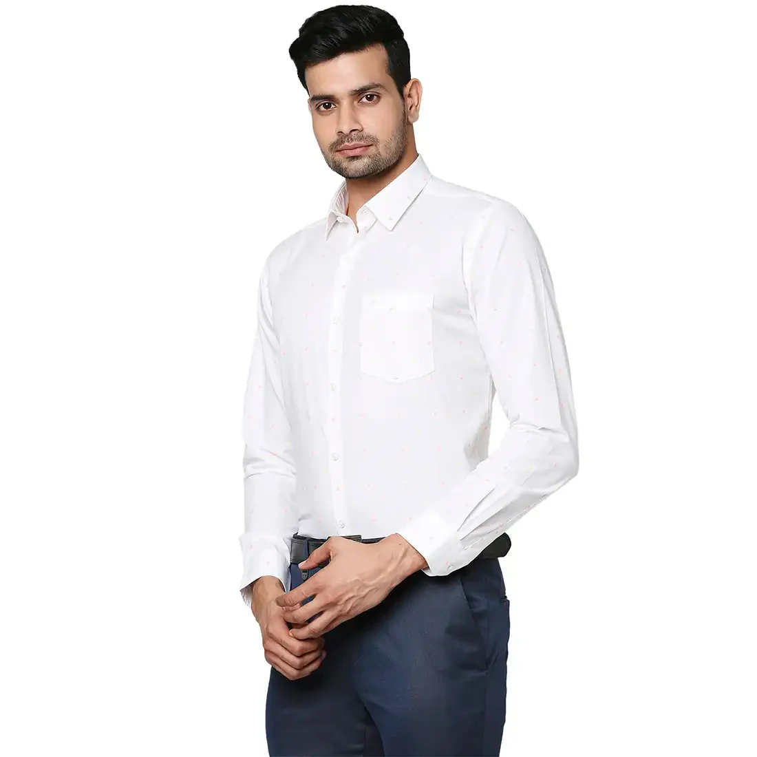 Men White Slim Fit Butta Fabric Cotton Ainsley Collr Shirts - Image 3