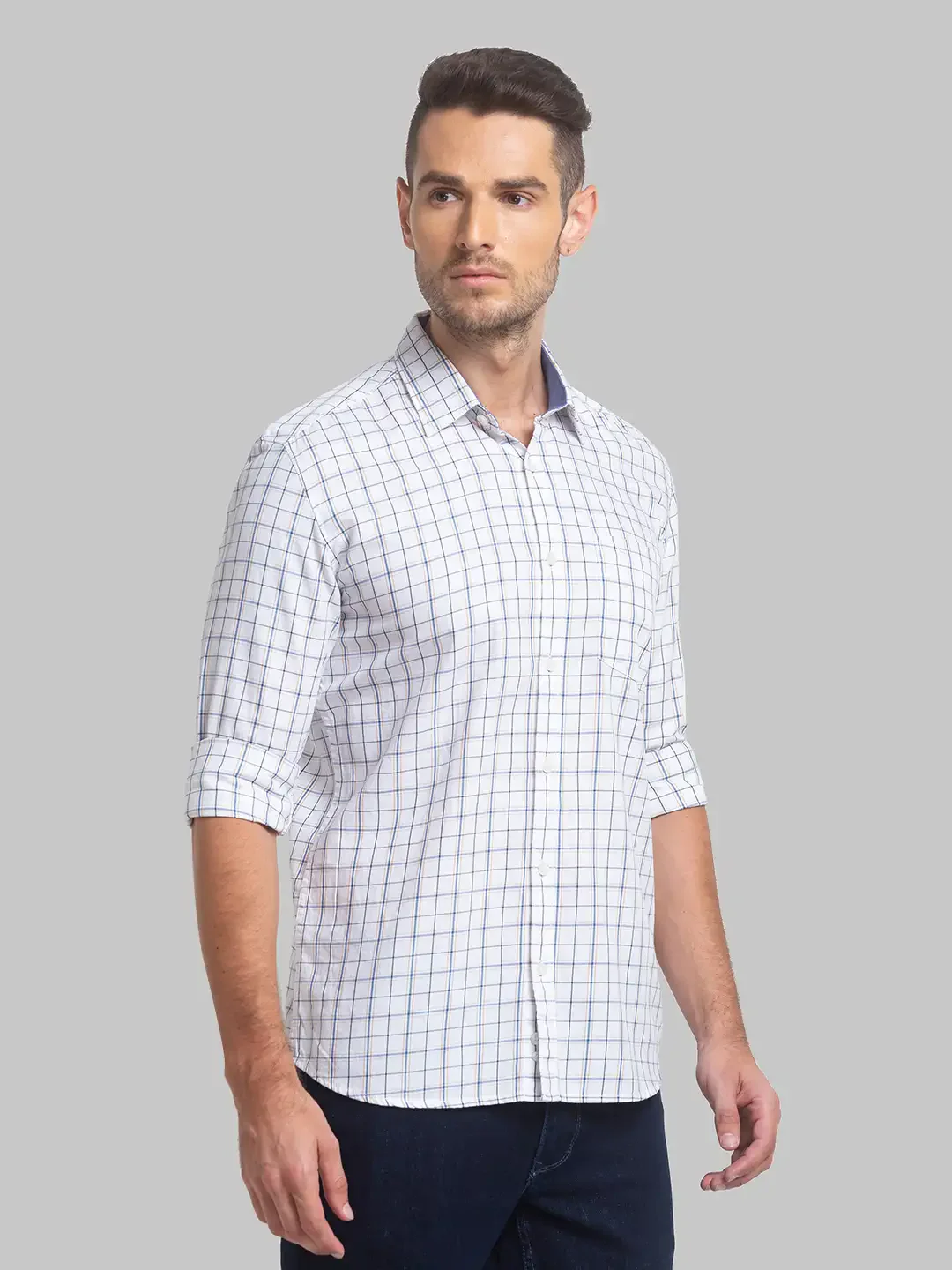 Men White Slim Fit Checks Cotton Full Sleeve Shirts - Image 2