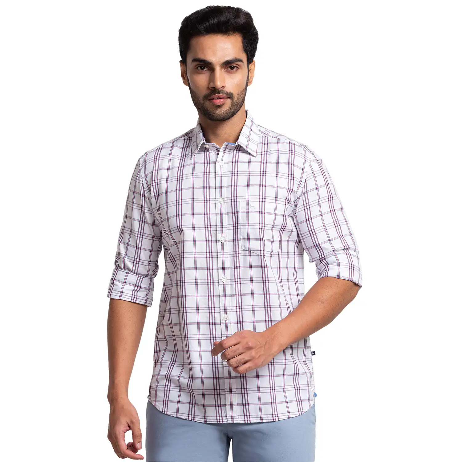 Men White Slim Fit Checks Cotton Full Sleeve Shirts
