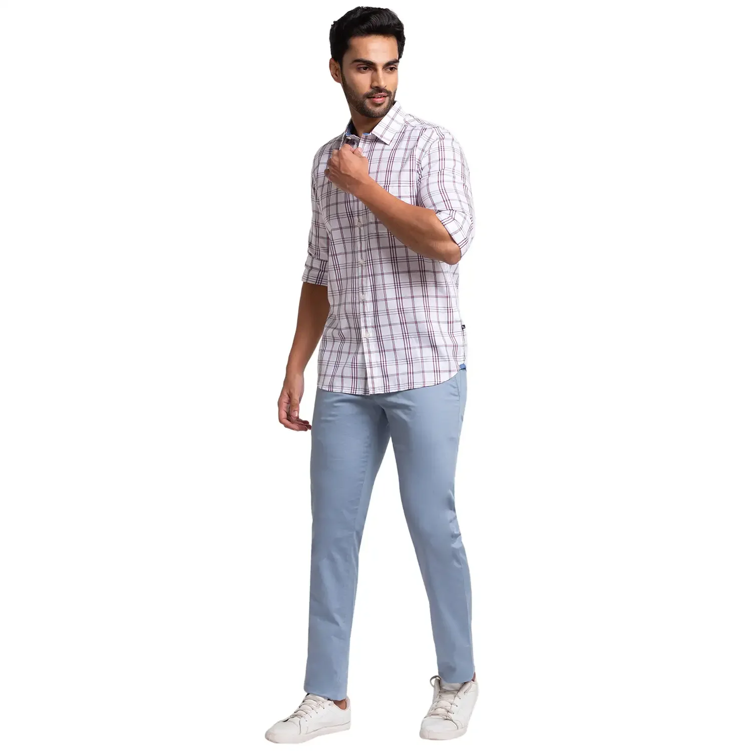 Men White Slim Fit Checks Cotton Full Sleeve Shirts - Image 5
