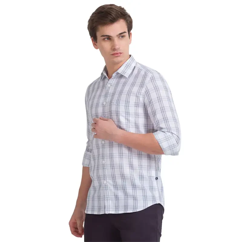 Men White Slim Fit Checks Cotton Full Sleeve Shirts - Image 3