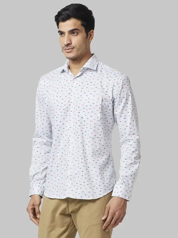 Men White Slim Fit Print Cotton Cut Away Collar Shirts - Image 3