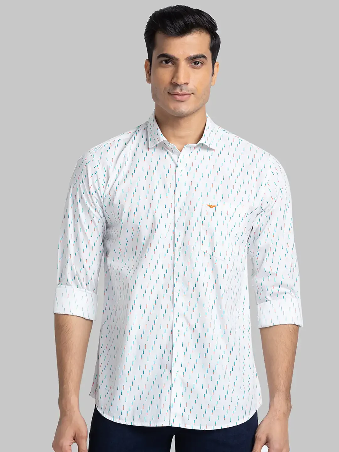Men White Slim Fit Print Cotton Cut Away Collar Shirts