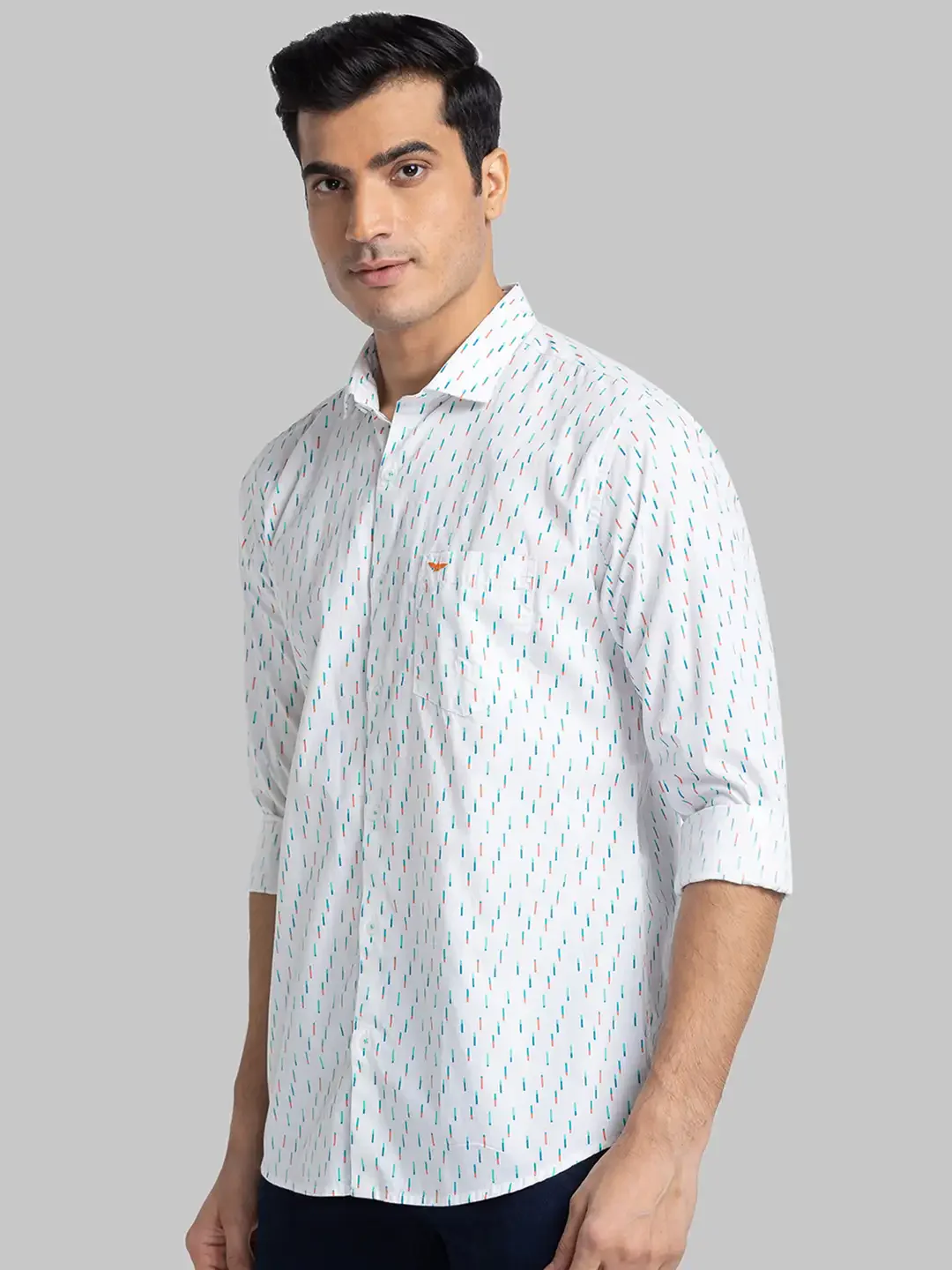 Men White Slim Fit Print Cotton Cut Away Collar Shirts - Image 3