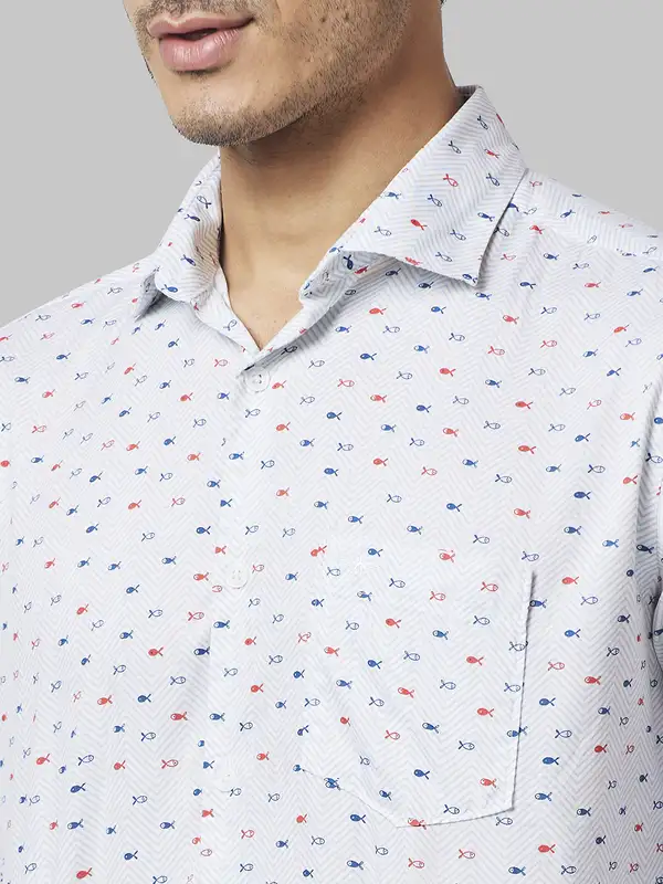 Men White Slim Fit Print Cotton Cut Away Collar Shirts - Image 6