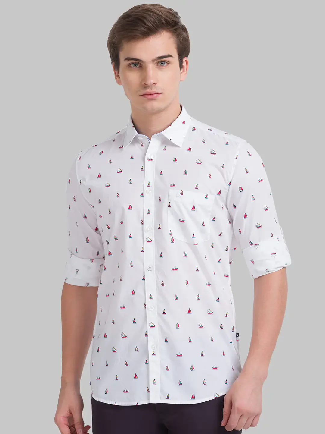 Men White Slim Fit Print Cotton Full Sleeve Cut Away Collar Shirts