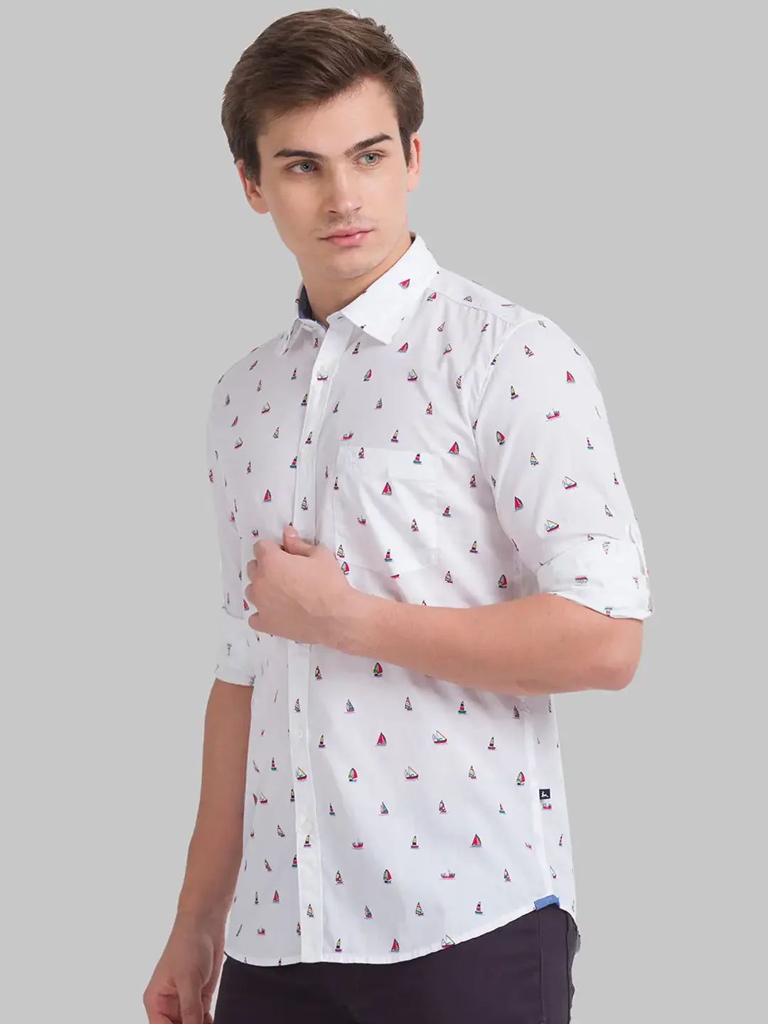 Men White Slim Fit Print Cotton Full Sleeve Cut Away Collar Shirts - Image 3