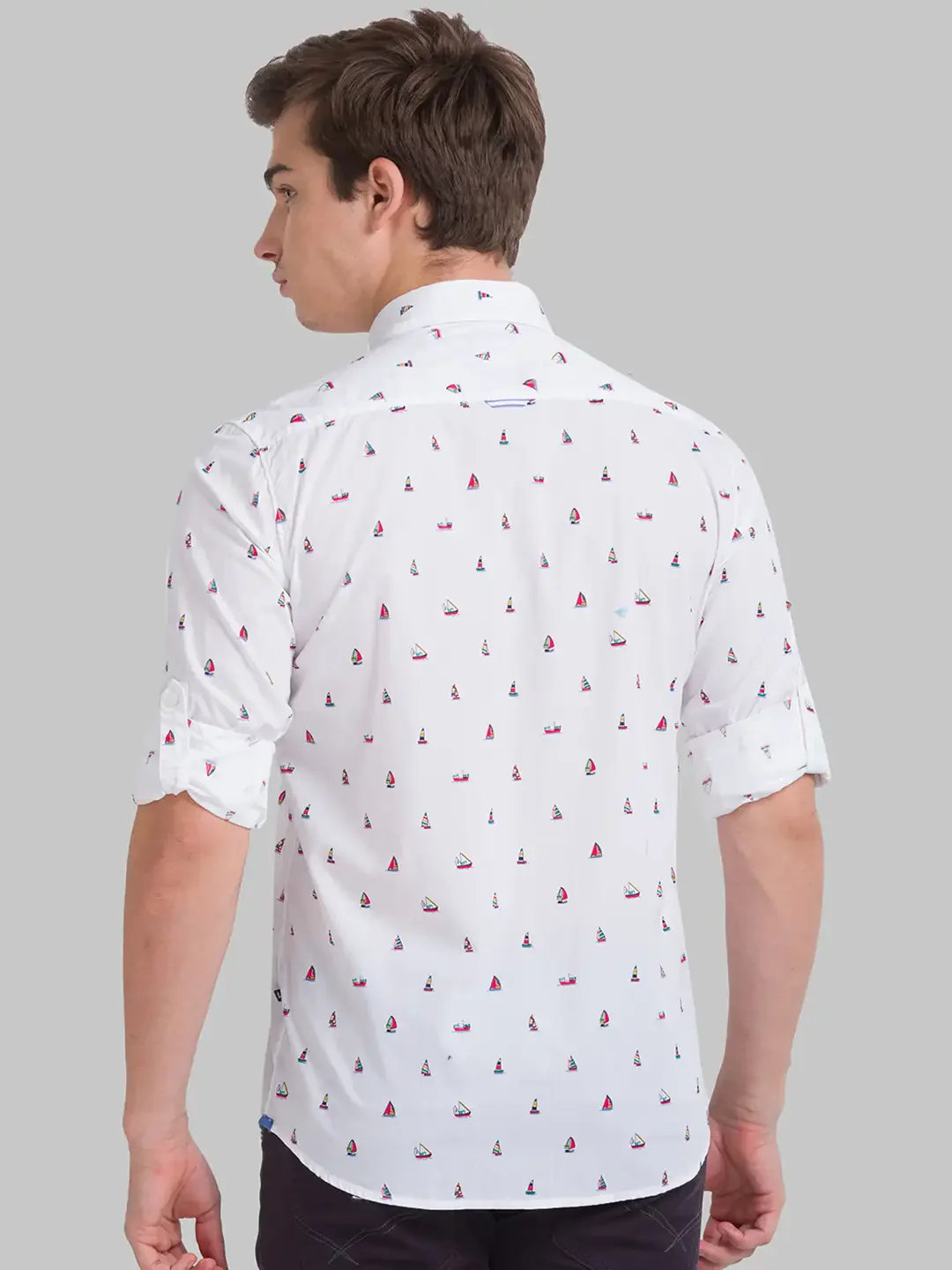 Men White Slim Fit Print Cotton Full Sleeve Cut Away Collar Shirts - Image 4
