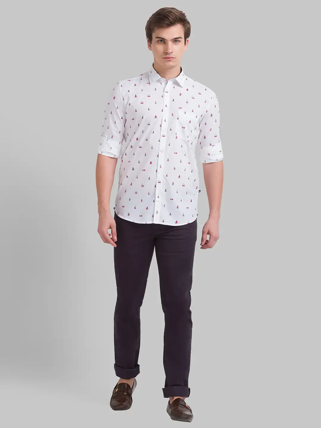 Men White Slim Fit Print Cotton Full Sleeve Cut Away Collar Shirts - Image 5