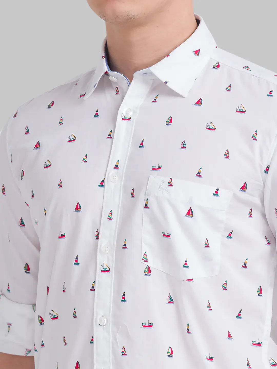 Men White Slim Fit Print Cotton Full Sleeve Cut Away Collar Shirts - Image 6