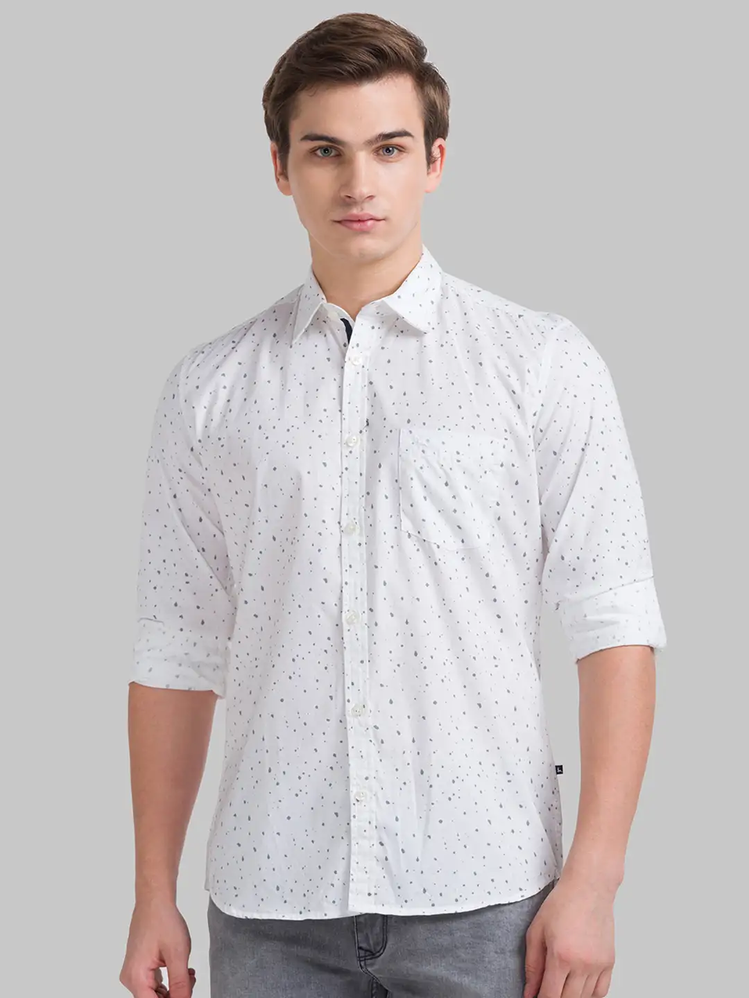 Men White Slim Fit Print Cotton Full Sleeve Shirts