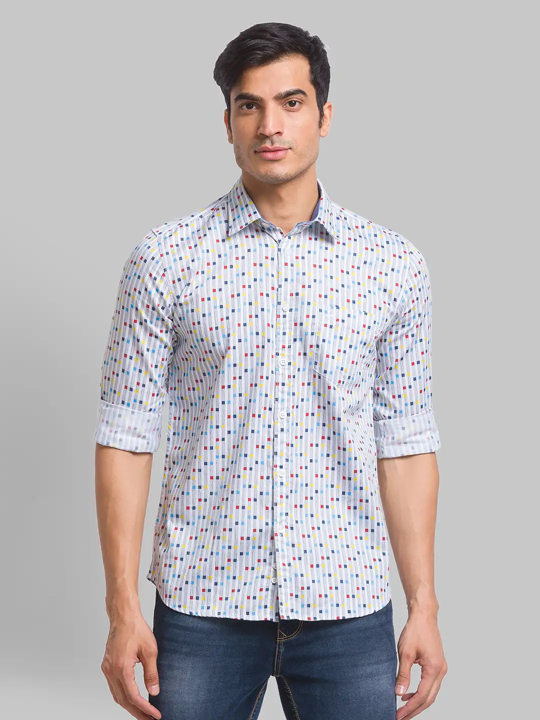 Men White Slim Fit Print Cotton Full Sleeve Shirts