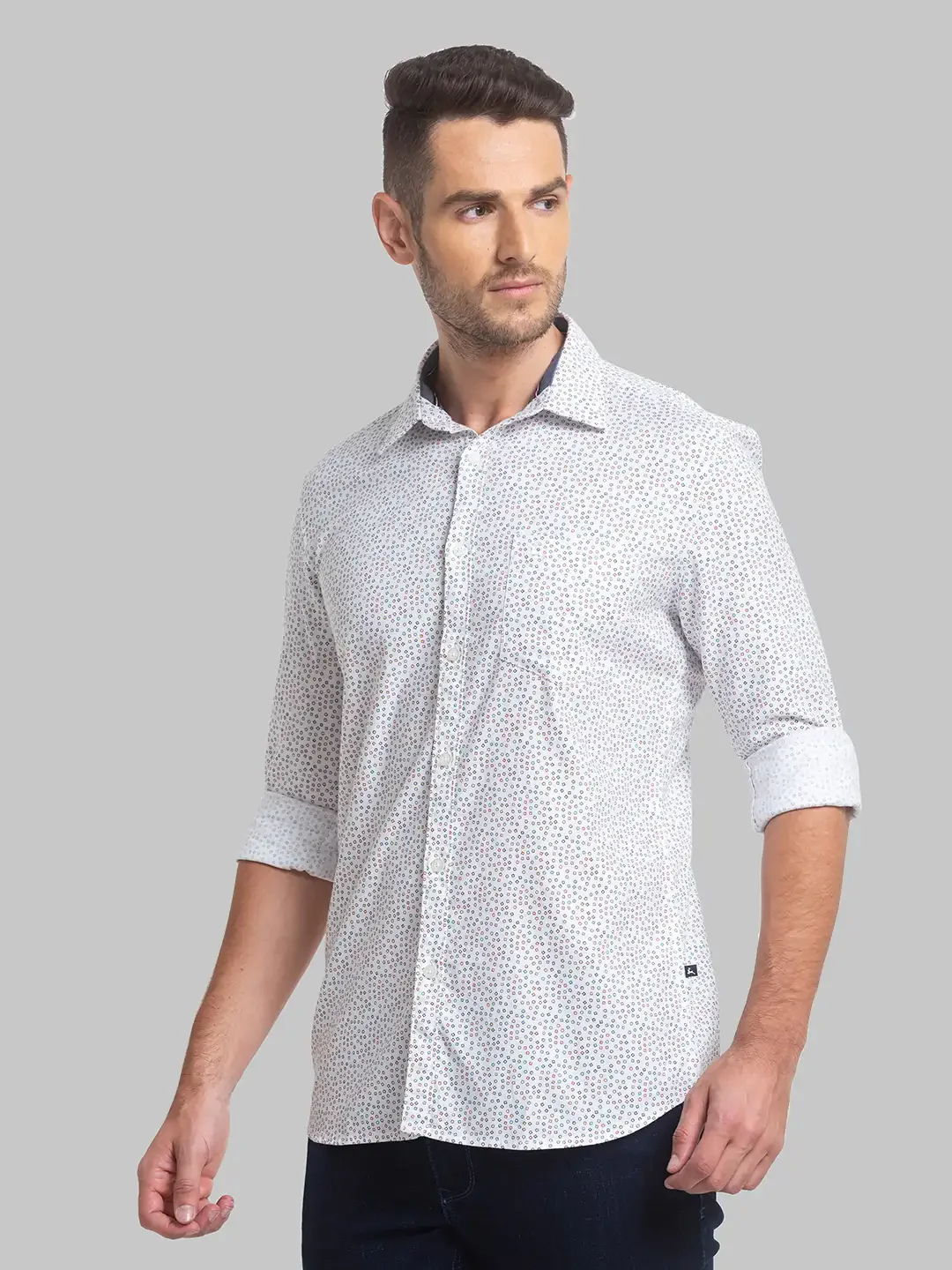 Men White Slim Fit Print Cotton Full Sleeve Shirts - Image 3