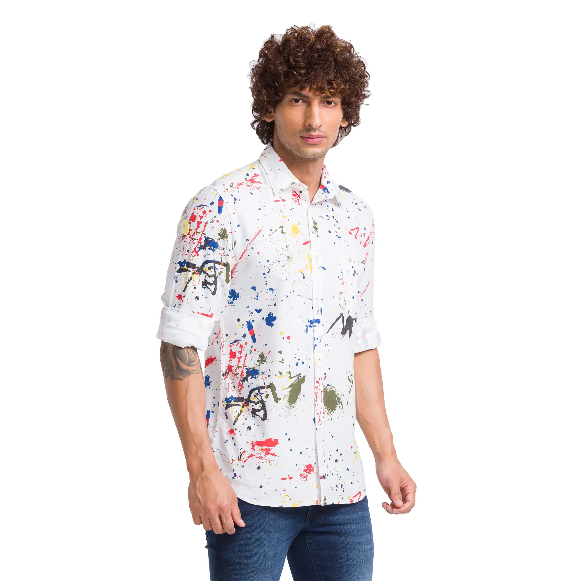 Men White Slim Fit Print Cotton Full Sleeve Shirts - Image 2