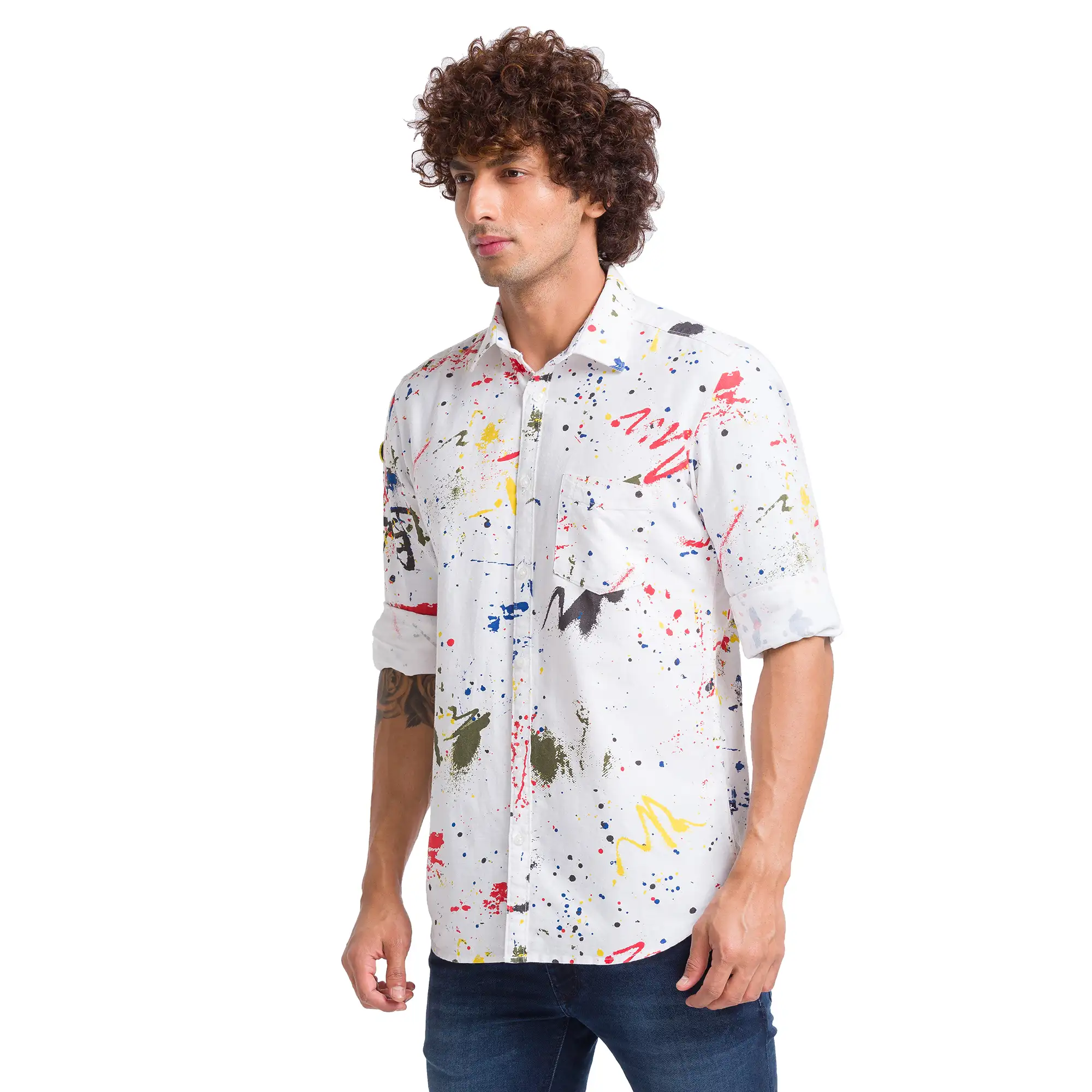 Men White Slim Fit Print Cotton Full Sleeve Shirts - Image 3