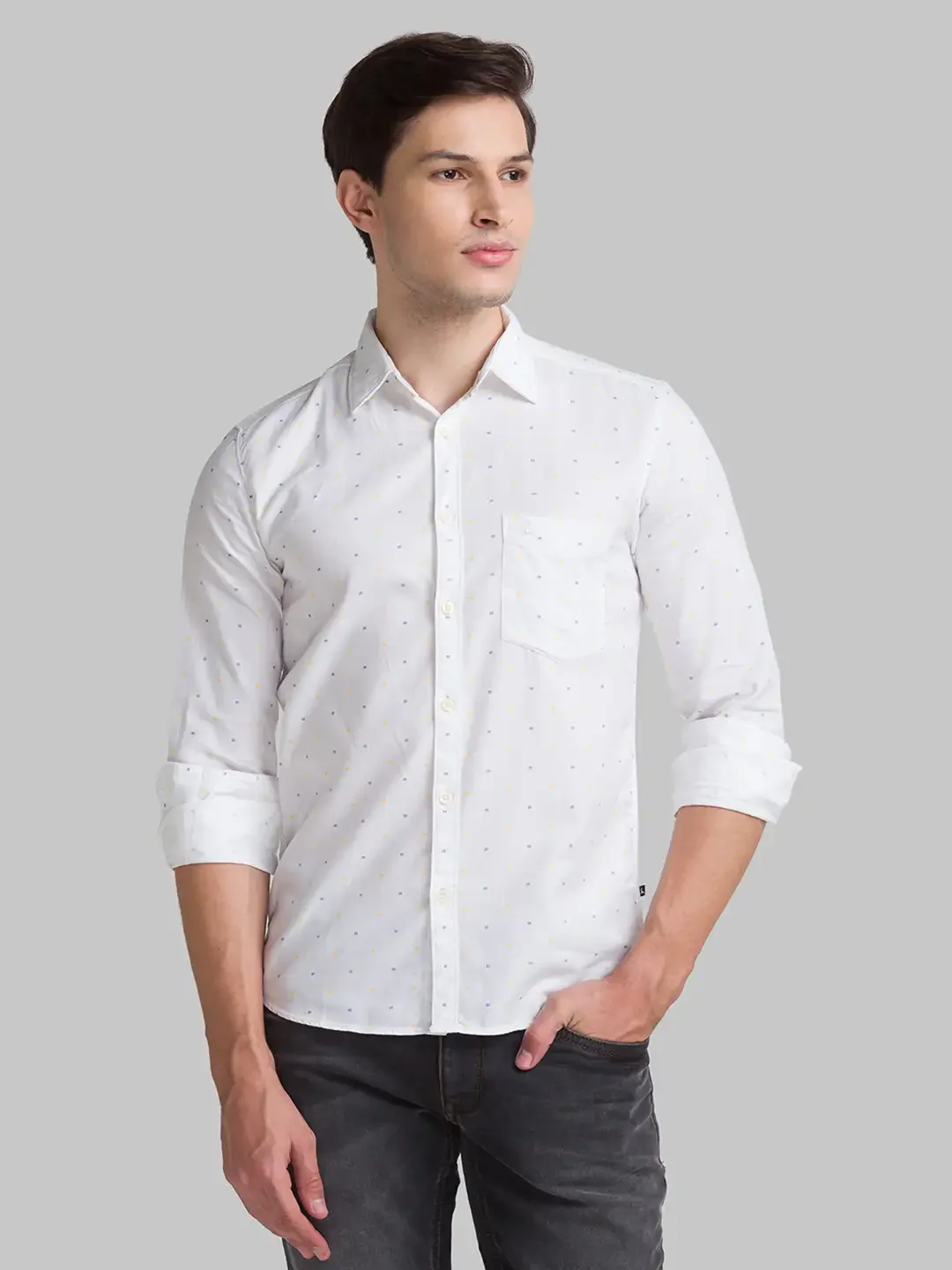 Men White Slim Fit Print Cotton Full Sleeve Shirts - Image 6
