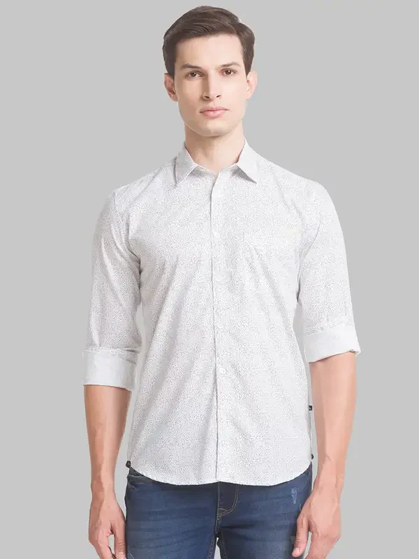 Men White Slim Fit Print Cotton Full Sleeve Shirts