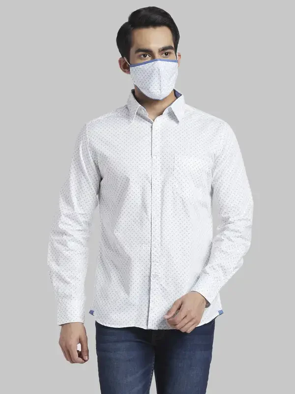 Men White Slim Fit Print Cotton Full Sleeve Shirts
