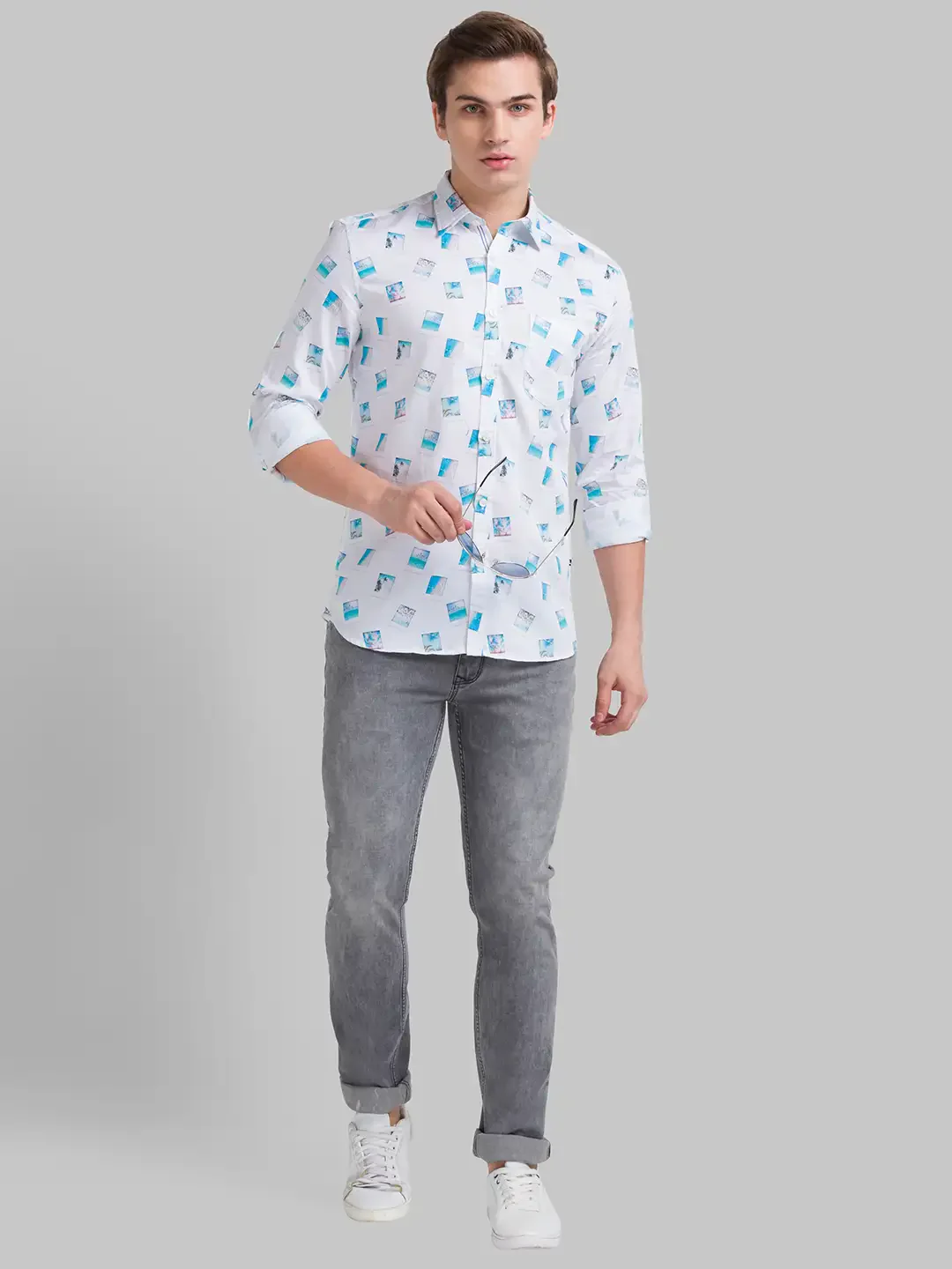 Men White Slim Fit Print Cotton Full Sleeve Shirts - Image 4