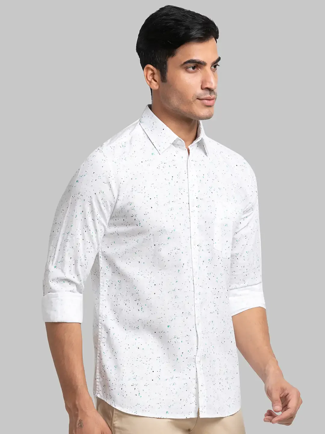 Men White Slim Fit Print Cotton Full Sleeve Shirts - Image 2