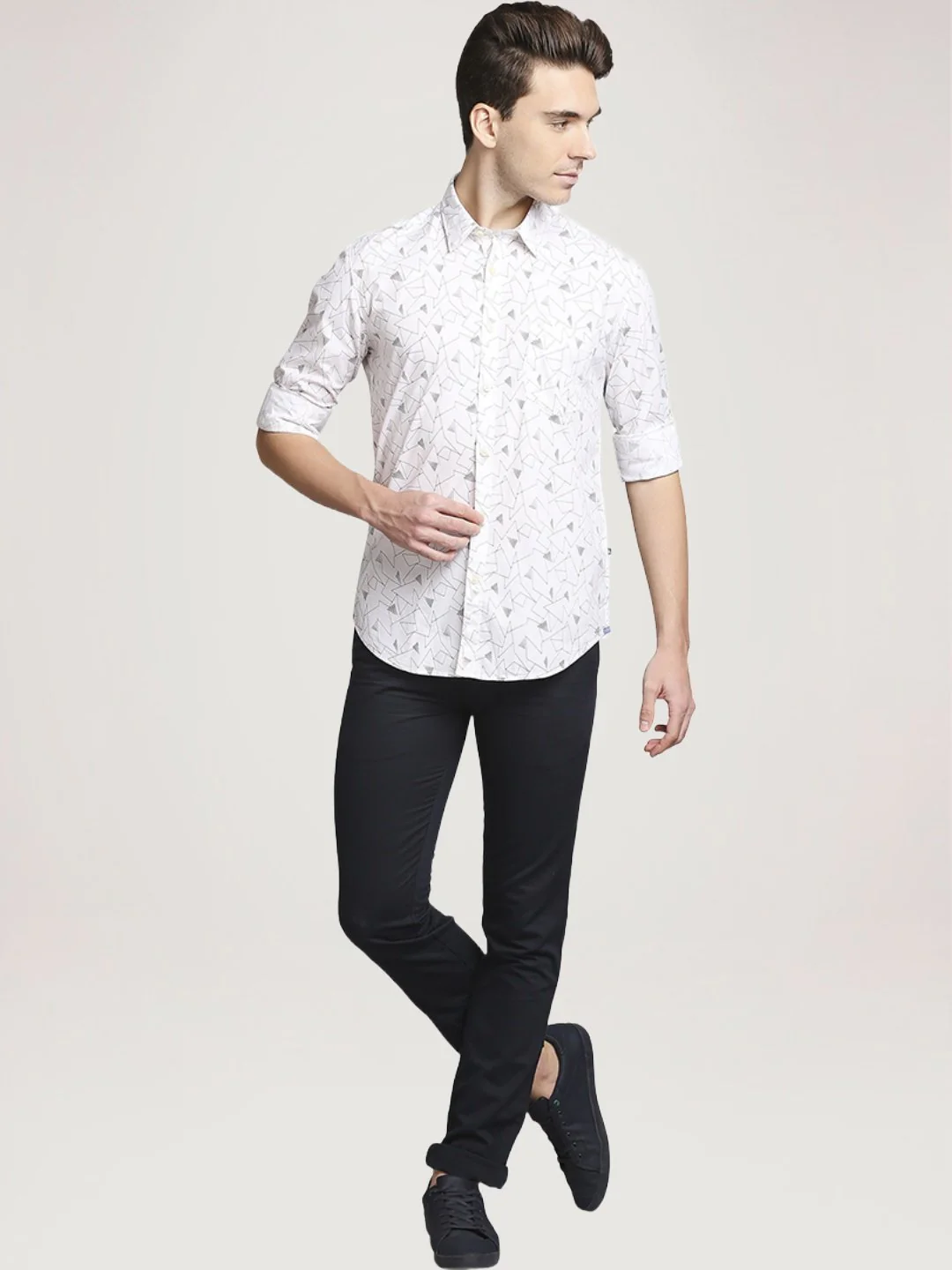 Men White Slim Fit Print Cotton Full Sleeve Shirts - Image 2