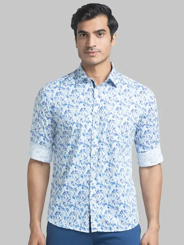 Men White Slim Fit Print Cotton Full Sleeve Shirts