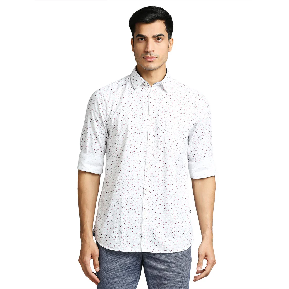 Men White Slim Fit Print Cotton Full Sleeve Shirts