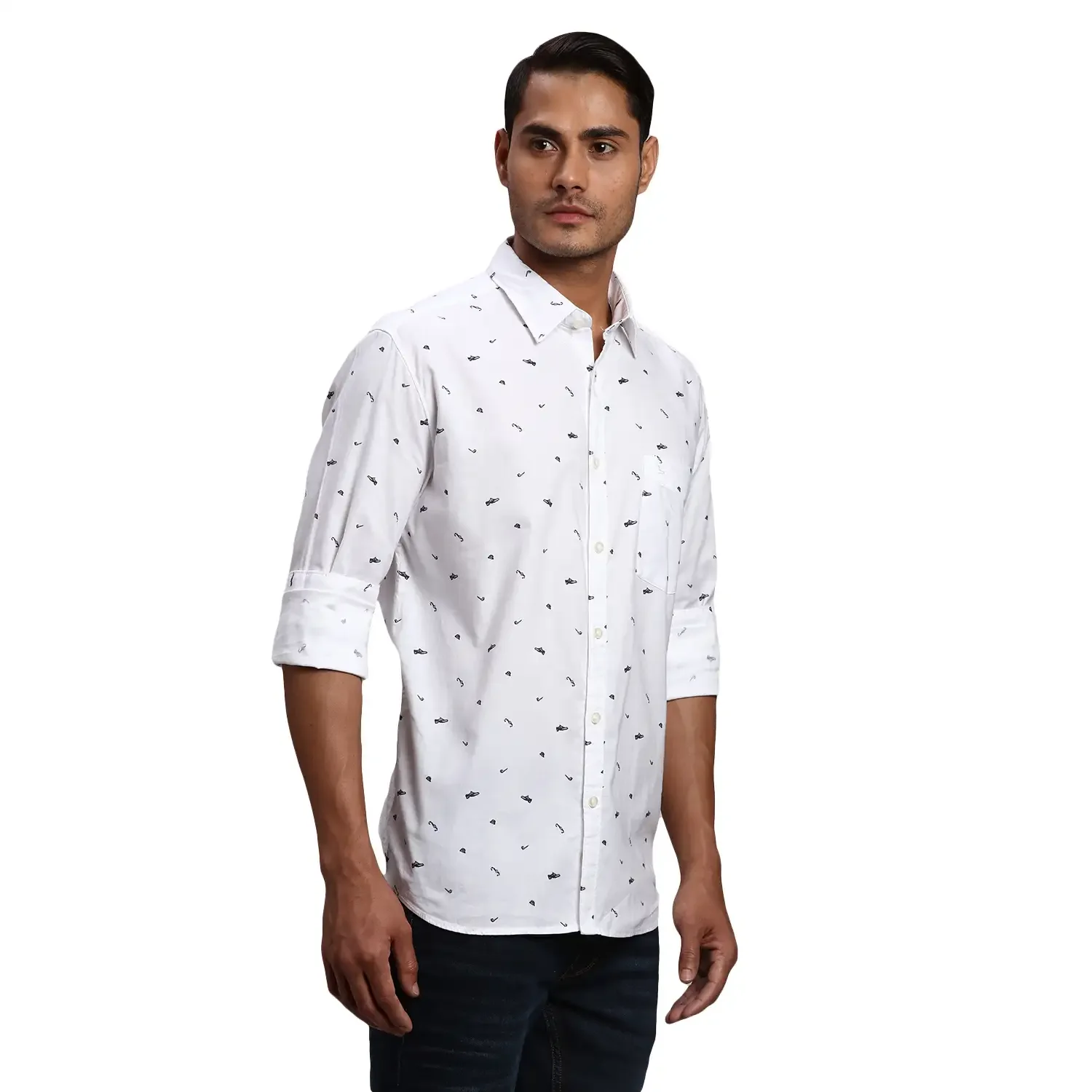 Men White Slim Fit Print Cotton Full Sleeve Shirts - Image 2