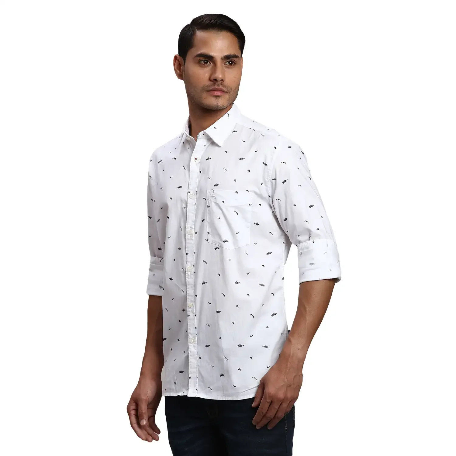 Men White Slim Fit Print Cotton Full Sleeve Shirts - Image 3