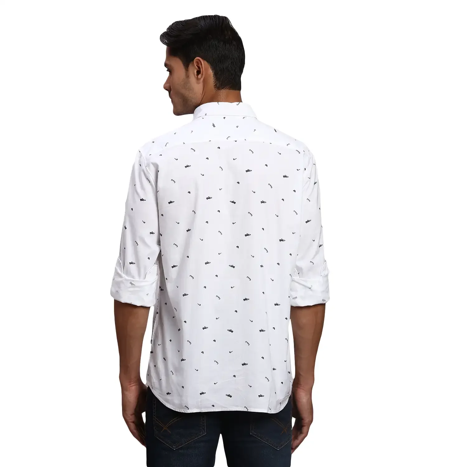 Men White Slim Fit Print Cotton Full Sleeve Shirts - Image 4