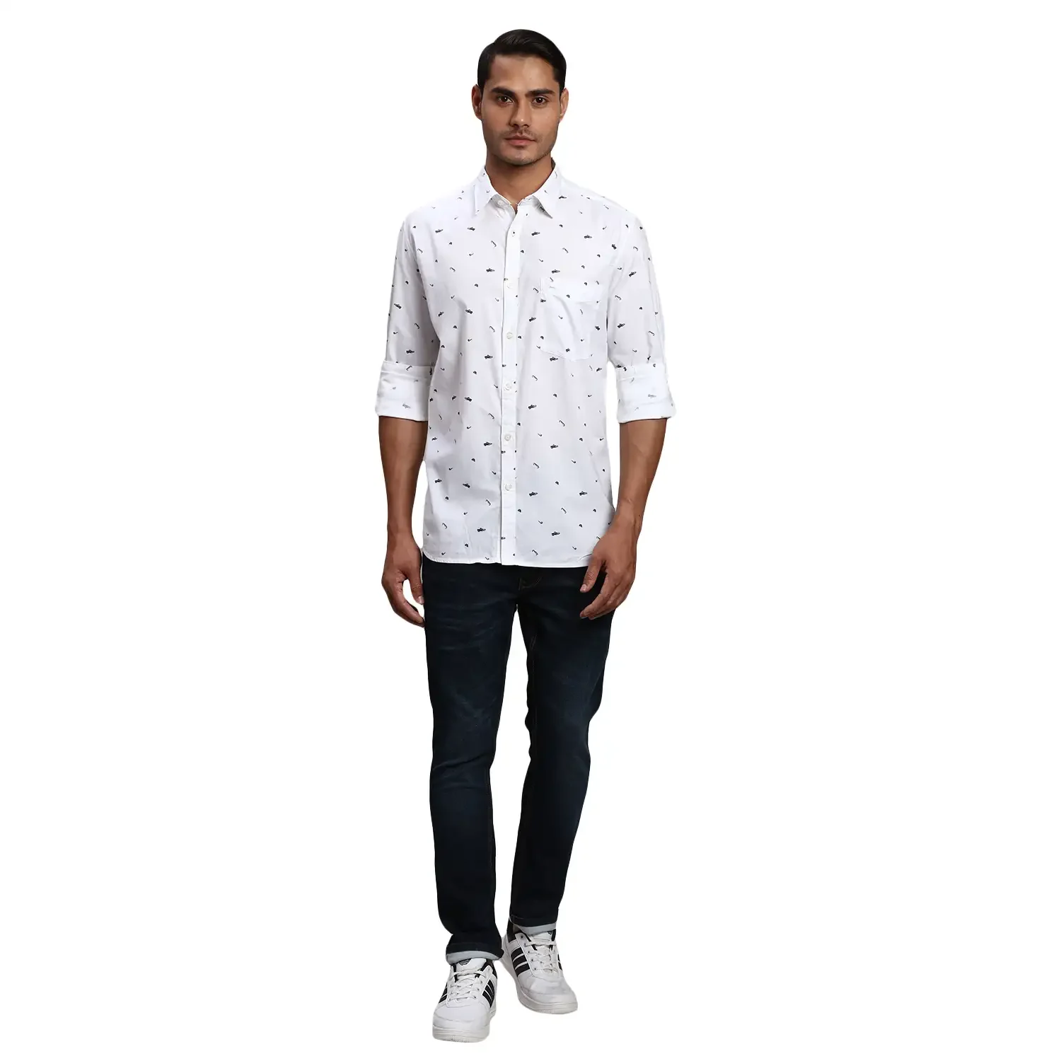 Men White Slim Fit Print Cotton Full Sleeve Shirts - Image 5