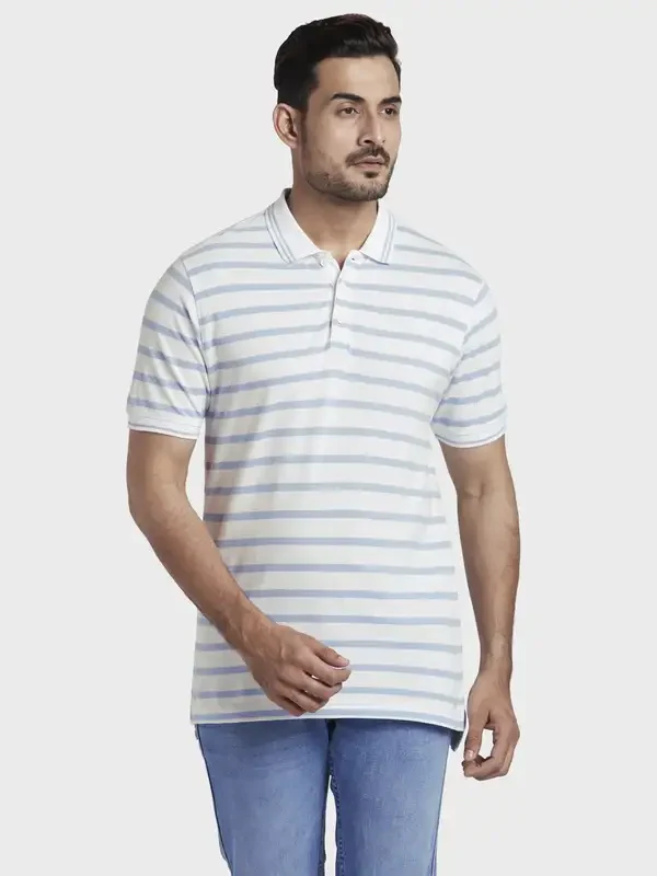 Men White Slim Fit Print Cotton Half Sleeve Polo T-Shirt