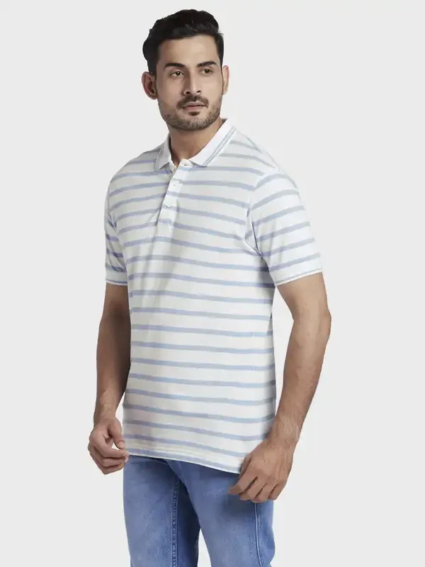 Men White Slim Fit Print Cotton Half Sleeve Polo T-Shirt - Image 3